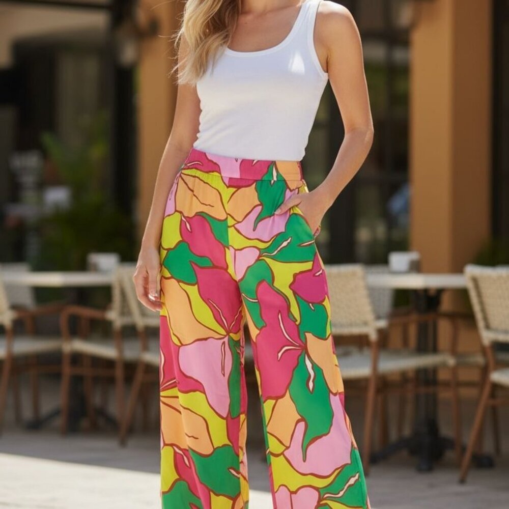 C&C California Colorful Wide-Leg Pants | Tassel Tie | Size XL - Picture 3 of 8